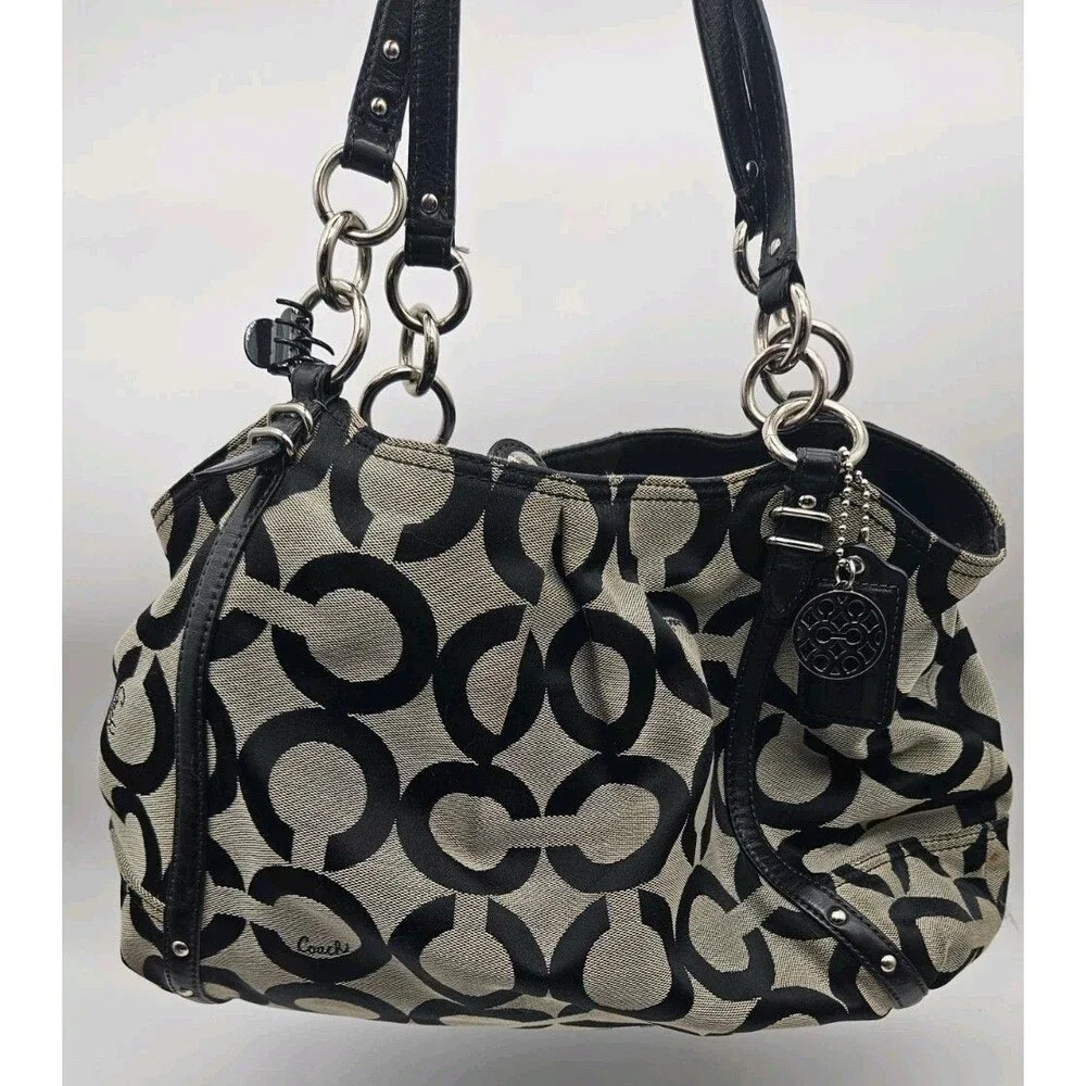 Coach Signature Black Gray Logo Shoulder Bag w/ Silver Hardware Purple Interior